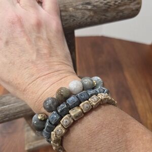 Stone And Ceramic Beaded Bracelet Blue And Natural Colors Elastic Stretch
